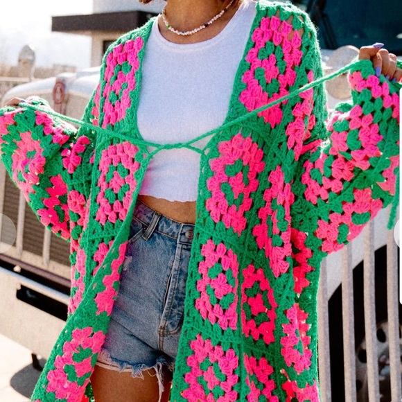 Dressed in LALA Sweaters - Dressed in LALA Green & Pink Crochet Sweater